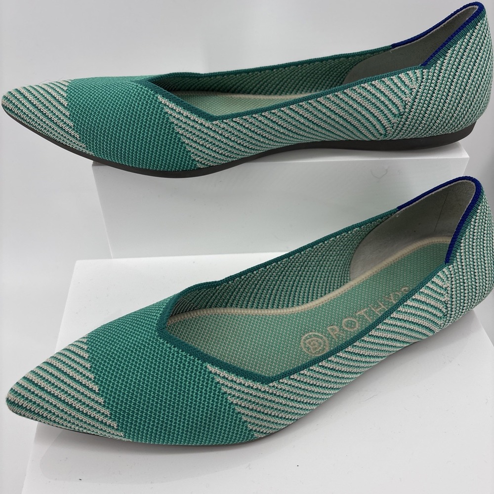 Rothy's The Point Flat Women 10 Calypso Green Teal  Stripe Knit Pointed Toe Shoe